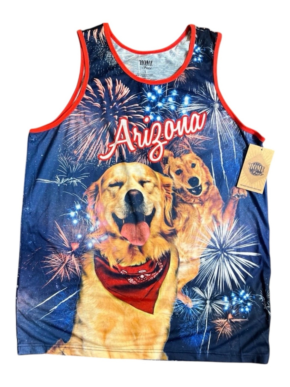 Home Free Arizona Golden Labrador Retriever Fireworks Tank with Red Trim Size L